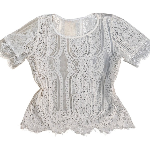 Tops - Vintage Crochet Lace Romantic Short Sleeve Top S Edwardian Scalloped Open Knit